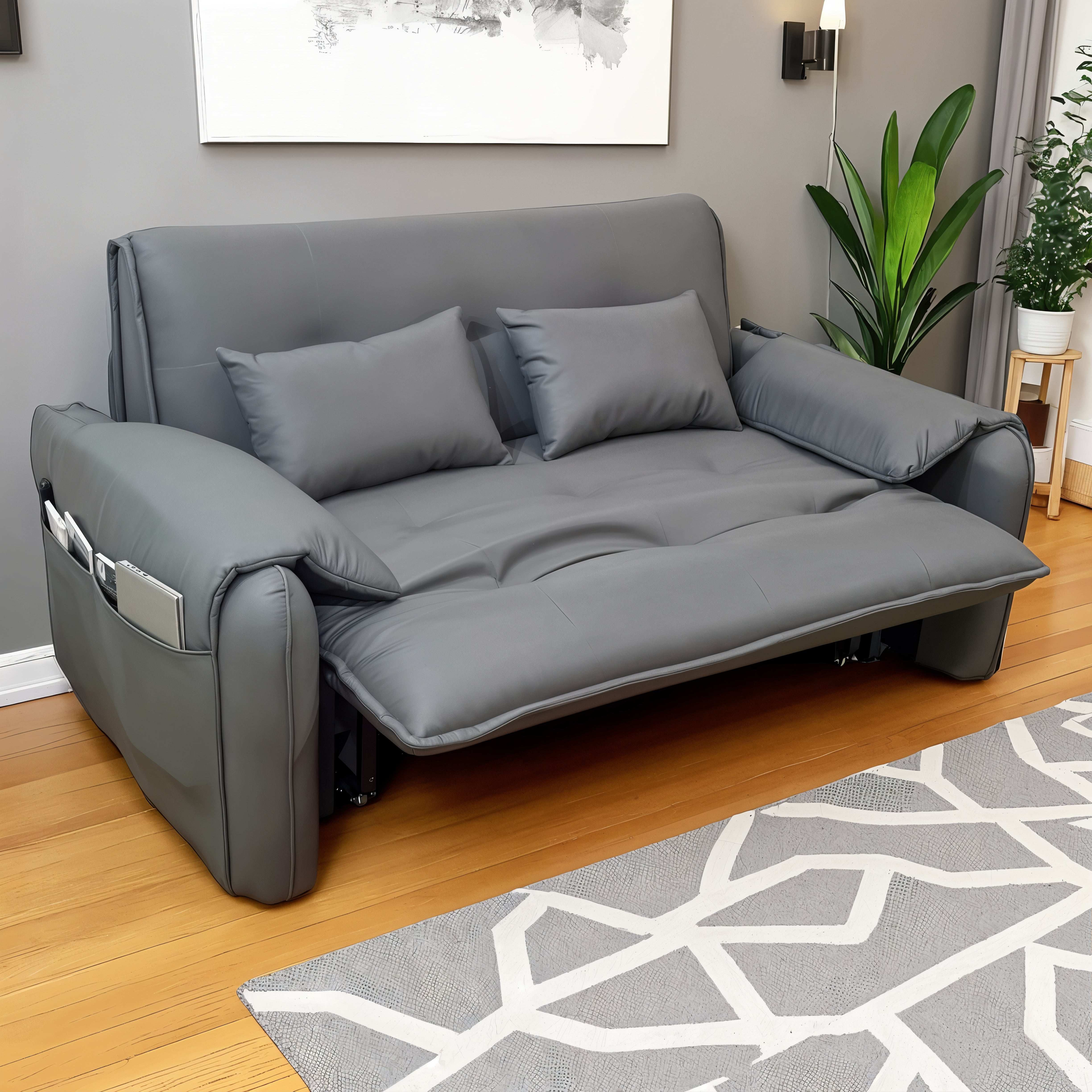 UNICORN FURNITURE Elephant Style Pull Out Sofa Bed Remote Control Recliner Motorised 3-Seater Pull Out Sofa Bed with Storage in Faux Leather with 5-Speed Adjustable Legrest, Ergonomic Support