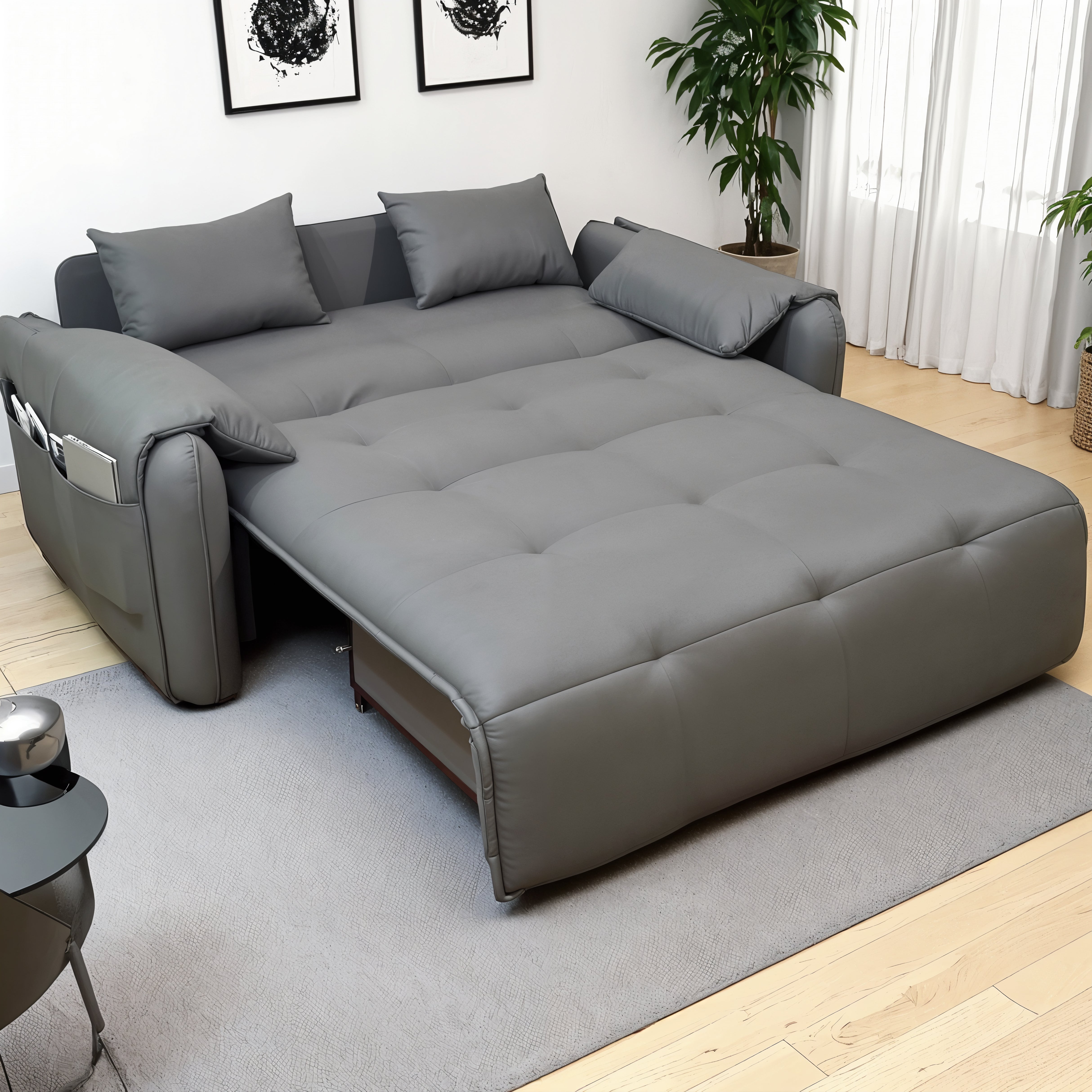 UNICORN FURNITURE Elephant Style Pull Out Sofa Bed Remote Control Recliner Motorised 3-Seater Pull Out Sofa Bed with Storage in Faux Leather with 5-Speed Adjustable Legrest, Ergonomic Support