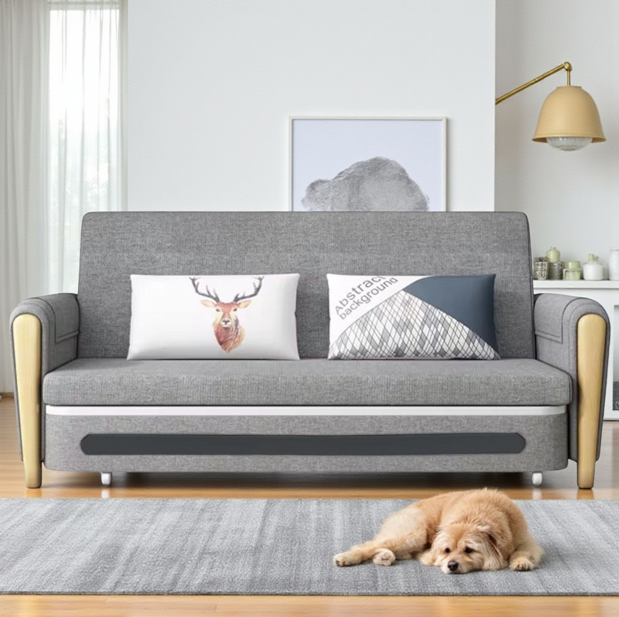 UNICORN FURNITURE Convertible Sleeper Sofa Bed Modern Reclining Foldable Bed Pull Out Sofa Bed With Storage Space Saving Multifunctional Sofabed (Grey/White Padded Armrests)