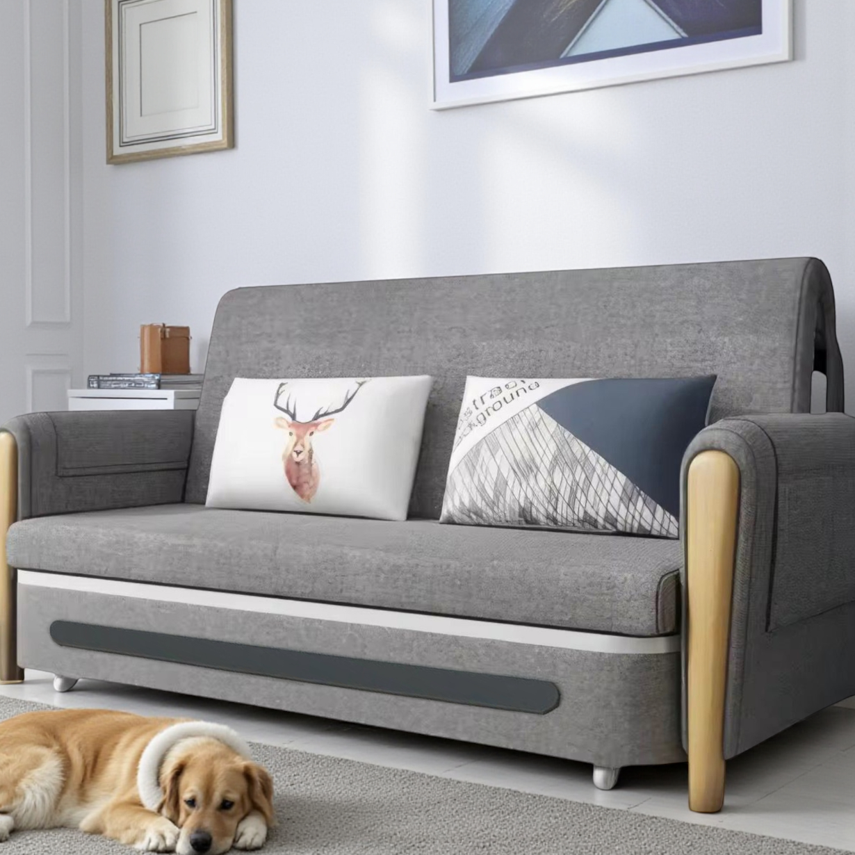 UNICORN FURNITURE Convertible Sleeper Sofa Bed Modern Reclining Foldable Bed Pull Out Sofa Bed With Storage Space Saving Multifunctional Sofabed (Grey/White Padded Armrests)