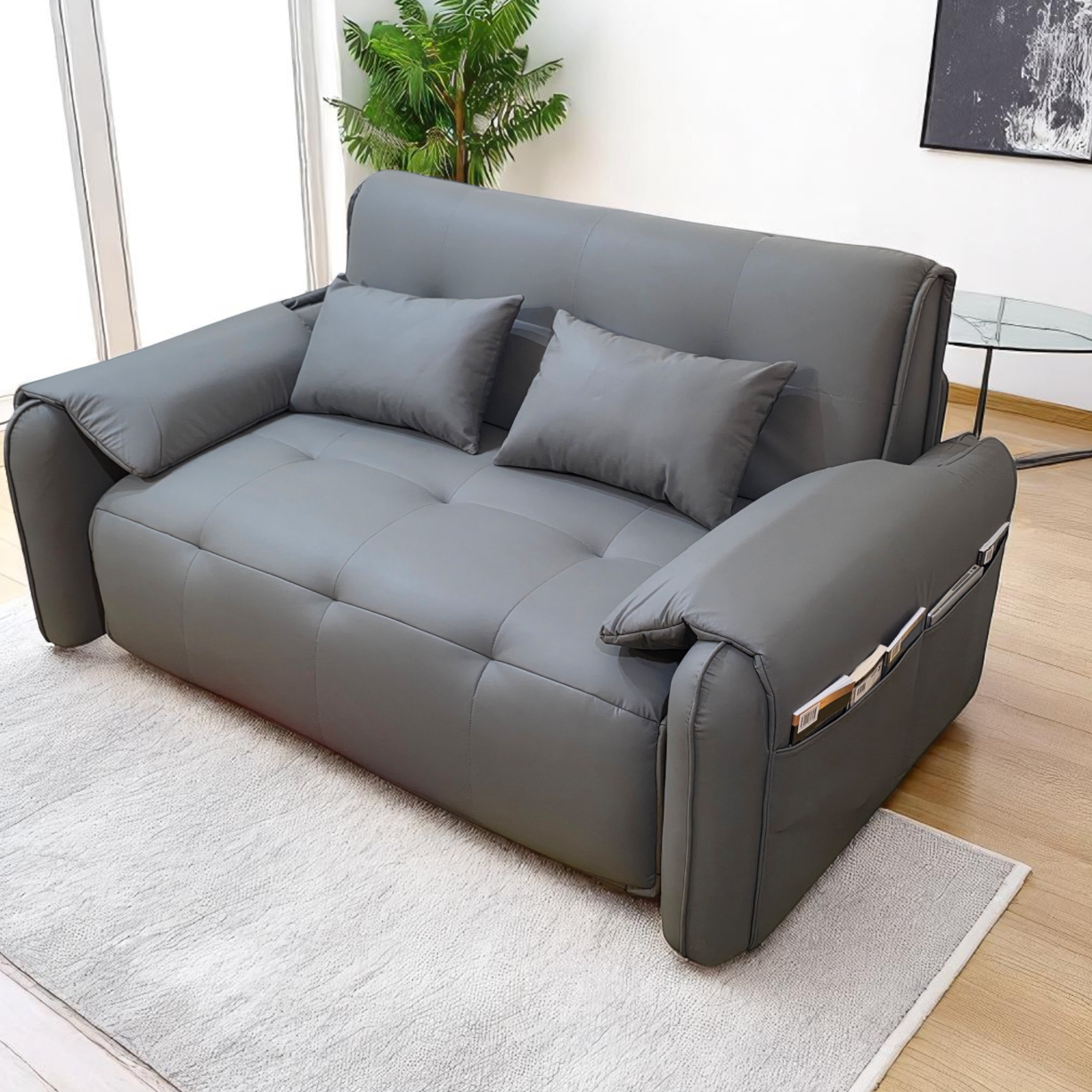 UNICORN FURNITURE Elephant Style Pull Out Sofa Bed Remote Control Recliner Motorised 3-Seater Pull Out Sofa Bed with Storage in Faux Leather with 5-Speed Adjustable Legrest, Ergonomic Support