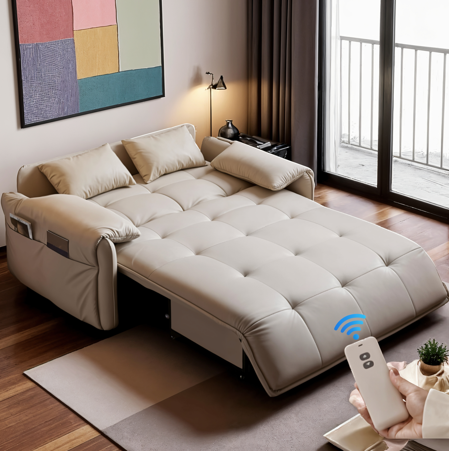 UNICORN FURNITURE Elephant Style Pull Out Sofa Bed Remote Control Recliner Motorised 3-Seater Pull Out Sofa Bed with Storage in Faux Leather with 5-Speed Adjustable Legrest, Ergonomic Support