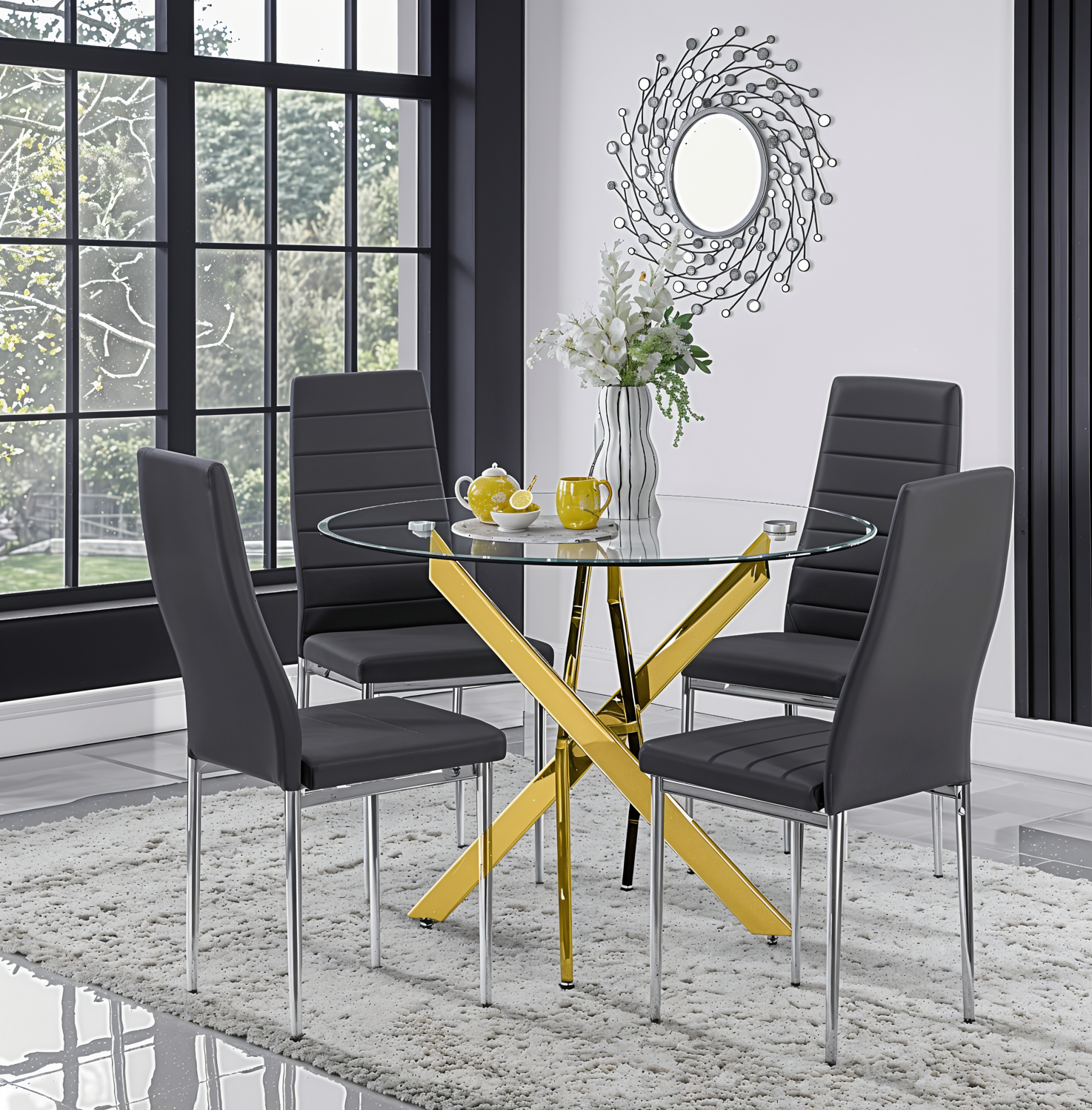 UNICORN FURNITURE Arezzo 100cm Round Glass Dining Table Set with 4 Faux Leather Chairs Gold Chrome Table Legs & Silver Chair Legs – Modern Kitchen & Dining Room Furniture for Small Spaces