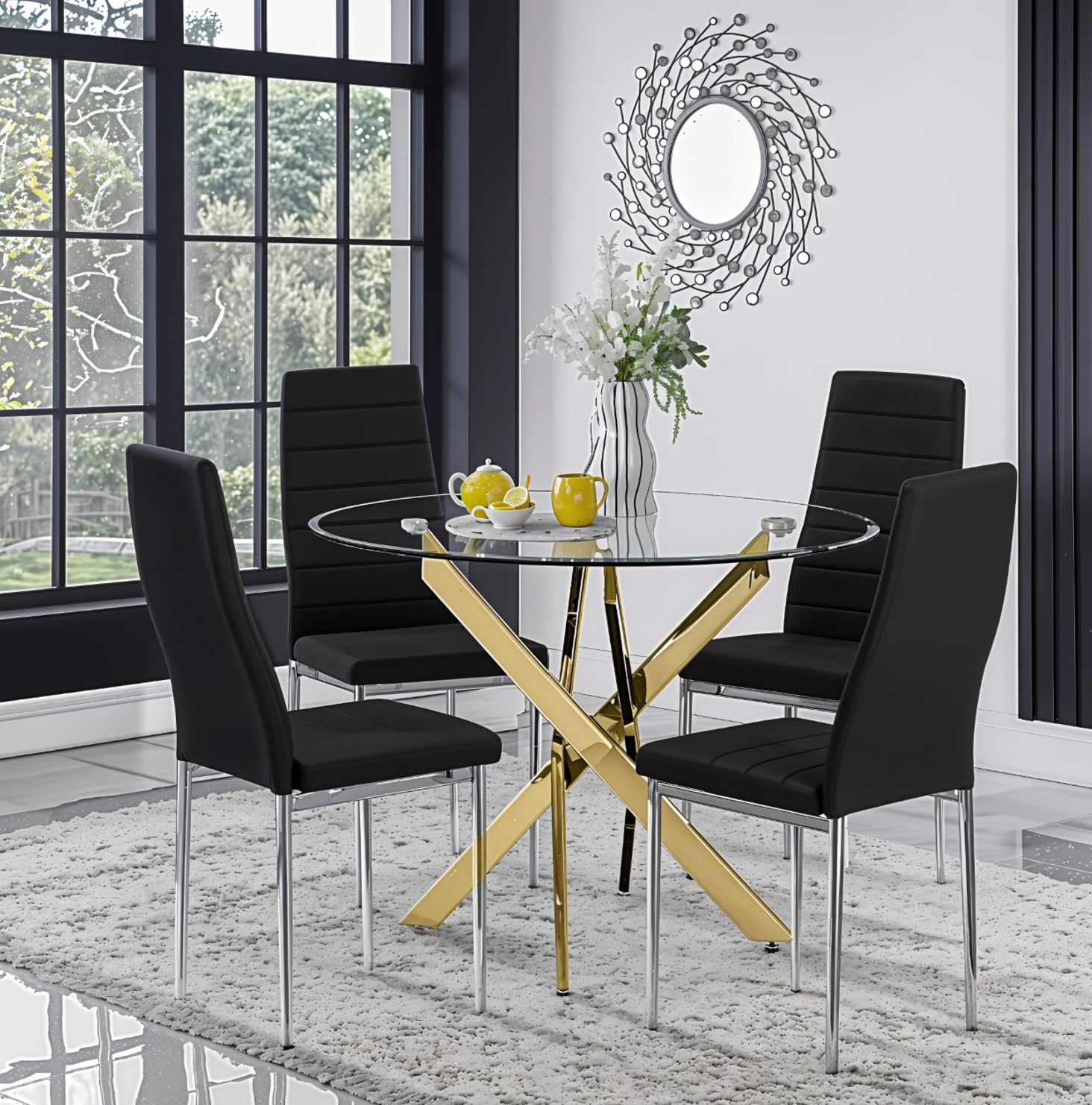UNICORN FURNITURE Arezzo 100cm Round Glass Dining Table Set with 4 Faux Leather Chairs Gold Chrome Table Legs & Silver Chair Legs – Modern Kitchen & Dining Room Furniture for Small Spaces