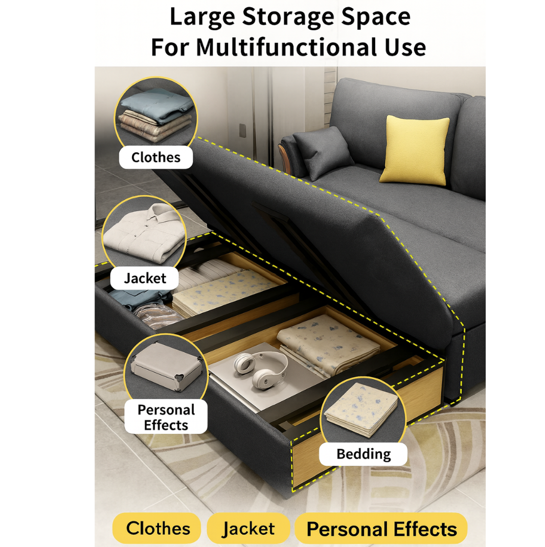 Unicorn Furniture Convertible Sofa Bed King Size Pull Out Sofabed with Storage in Cotton Fabric, Tool-Free Assembly, Modern Reclining Sleeper Couch for Living Room, Guest Room & Small Spaces (Grey)