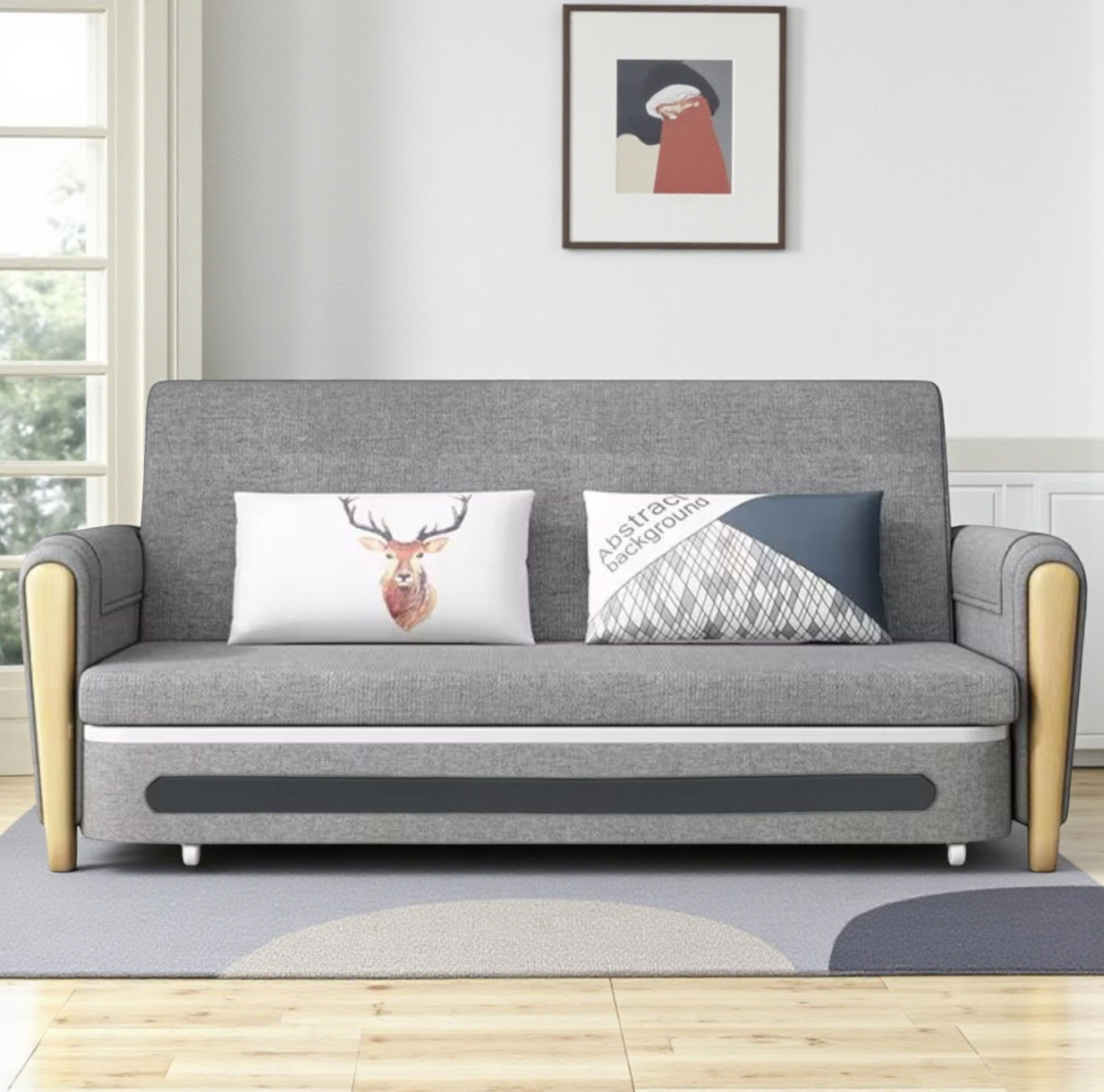 UNICORN FURNITURE Convertible Sleeper Sofa Bed Modern Reclining Foldable Bed Pull Out Sofa Bed With Storage Space Saving Multifunctional Sofabed (Grey/White Padded Armrests)