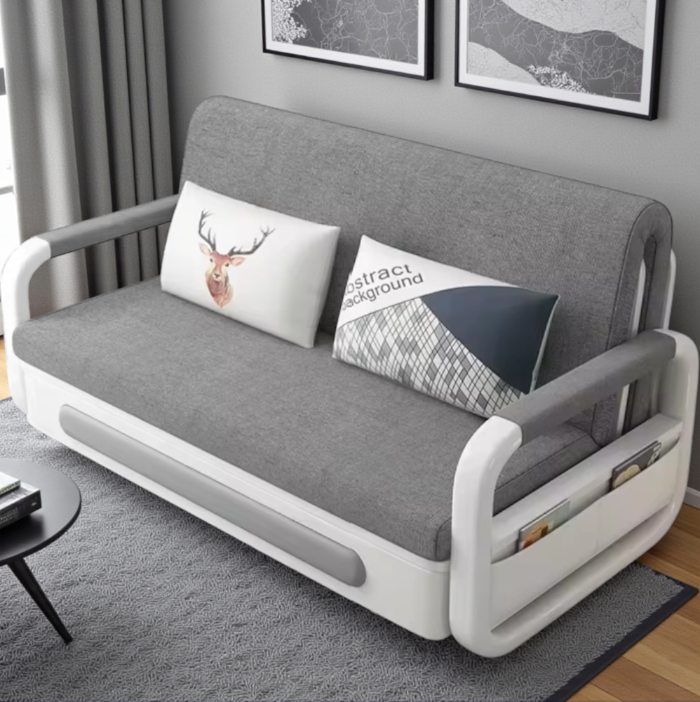 UNICORN FURNITURE Double Pull-Out Sofa Bed with Storage (158cm) – Grey Fabric + White Faux Leather | Convertible Sleeper Sofa Bed for Small Spaces