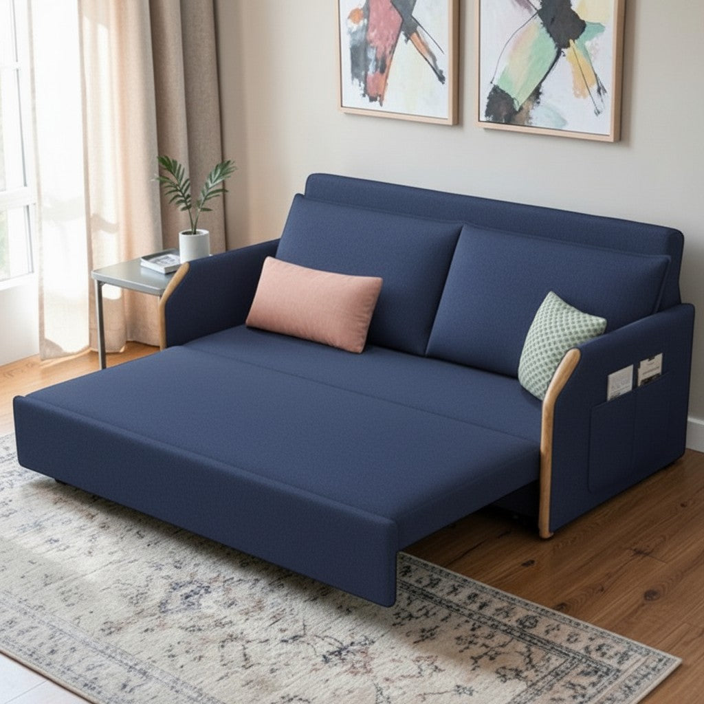 UNICORN FURNITURE Convertible Sofa Bed with Storage, King Size Pull Out Sofa Bed, 3 Seater Sofa Bed in Removable Cotton Fabric, Tool-Free Assembly Sofa Bed with Hidden Storage 170cm (Blue)