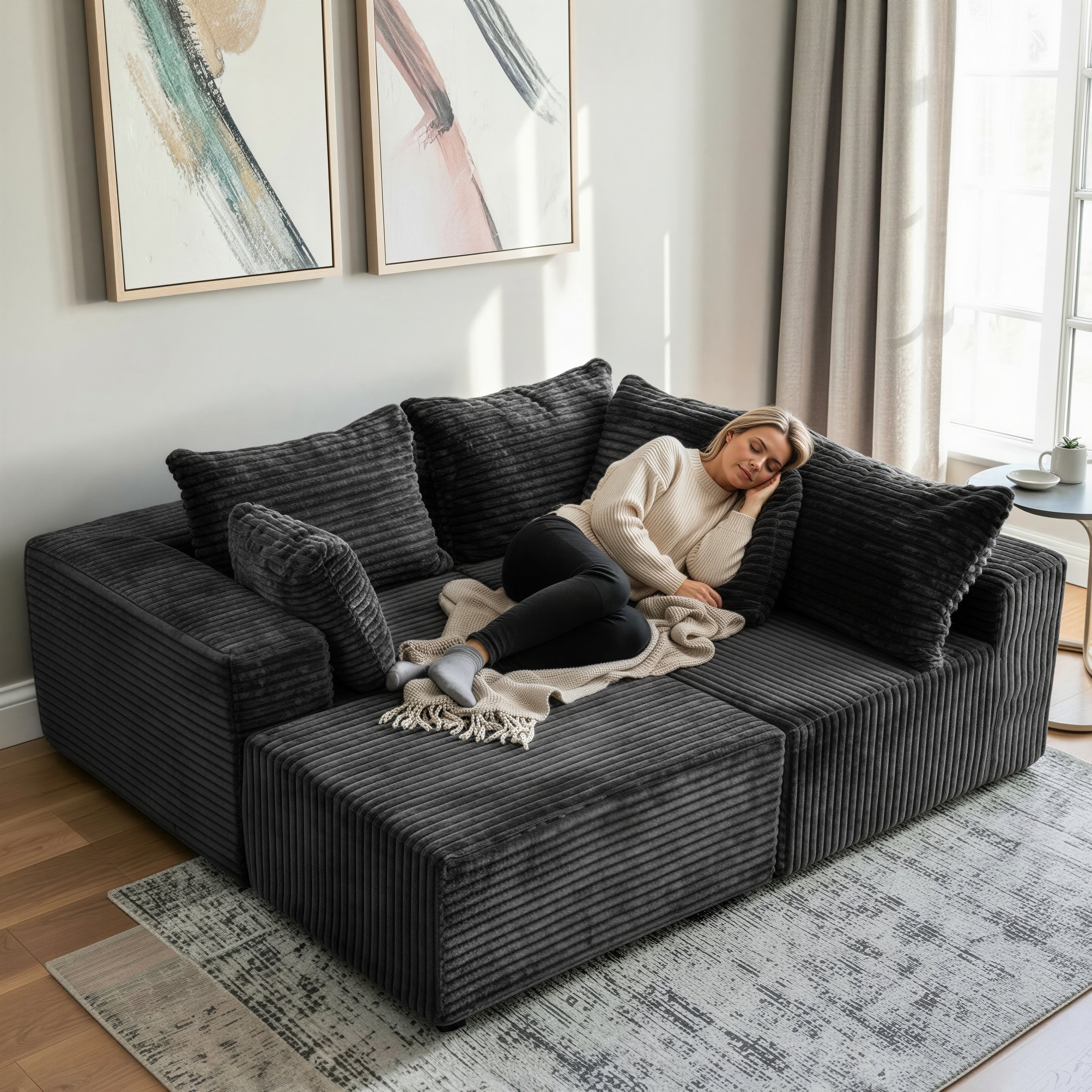 UNICORN FURNITURE Modular Cloud Sofa Bed in a Box – 275cm L-Shaped Boneless Couch, Deep Seat Memory Foam Sectional Sofa, Pet Friendly Corduroy Corner Sofa with Chaise (Dark Grey)