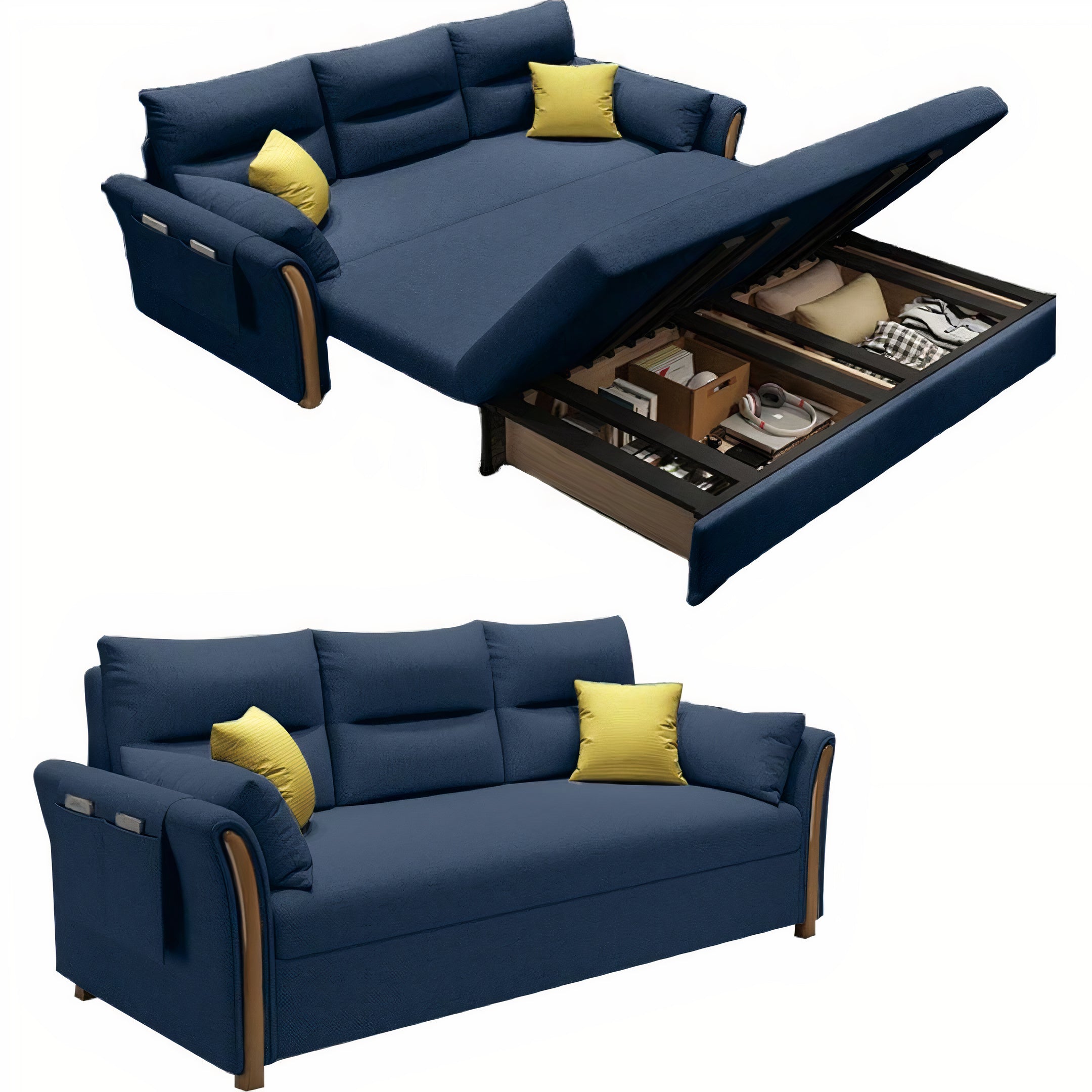 Unicorn Furniture Convertible Sofa Bed King Size Pull Out Sofabed with Storage in Cotton Fabric, Tool-Free Assembly, Modern Reclining Sleeper Couch for Living Room, Guest Room & Small Spaces (Blue)