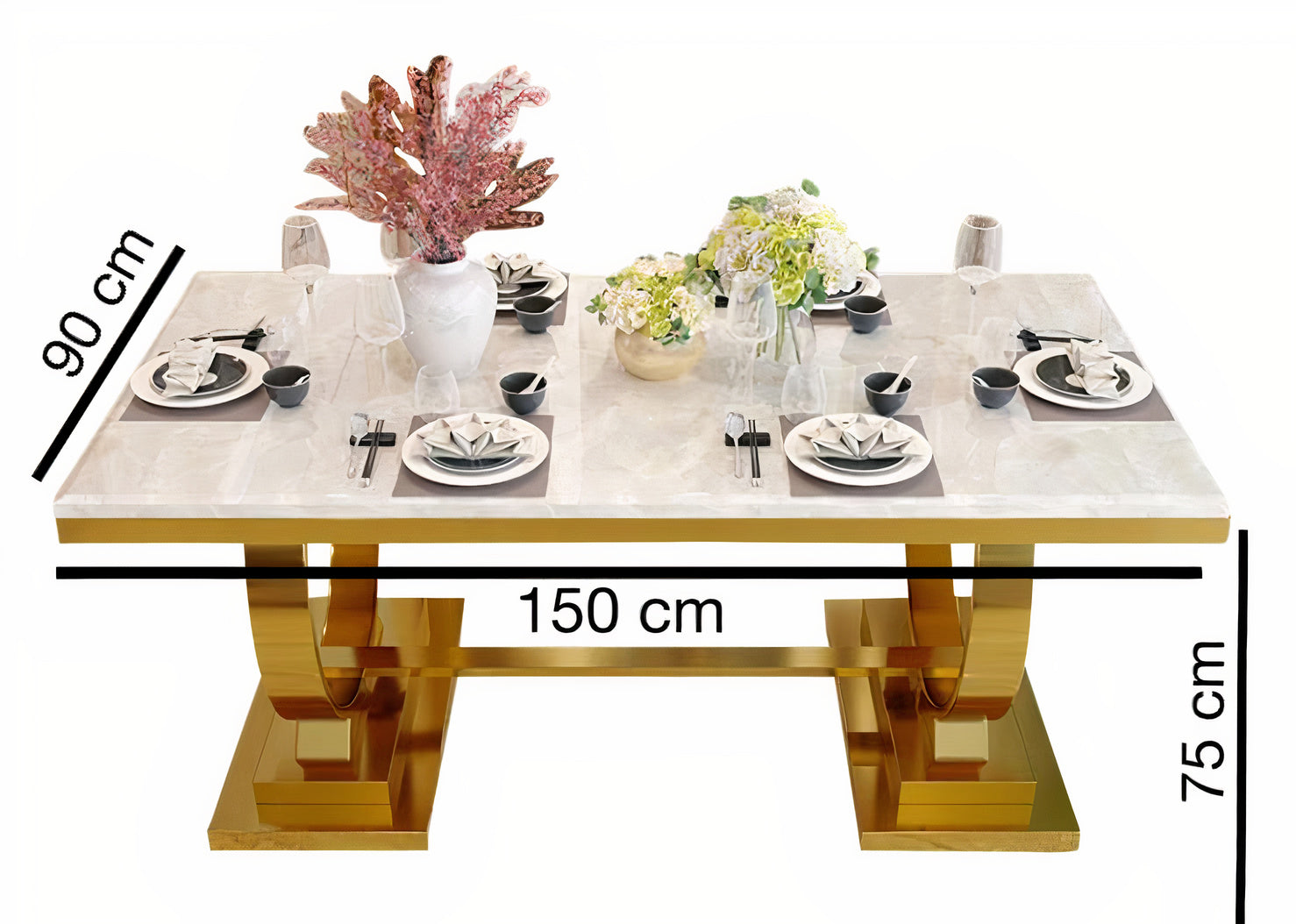 Luxury Marble Table Dining Set of 6 Chairs in Grey Leather & Marble Dining Top in 150 x 90 x 75cm